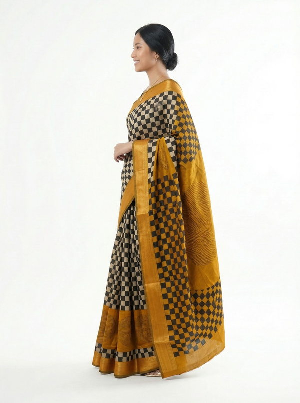 Chanderi Cotton Black Gold Checkered Designer Saree