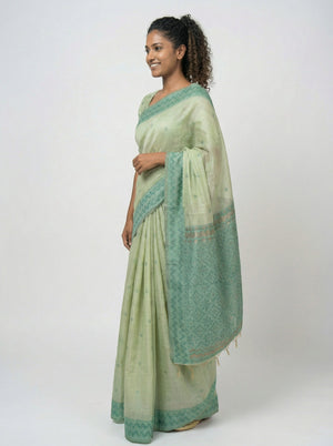 Chanderi Premium Sage Green  Saree with Detailed Butta Blouse