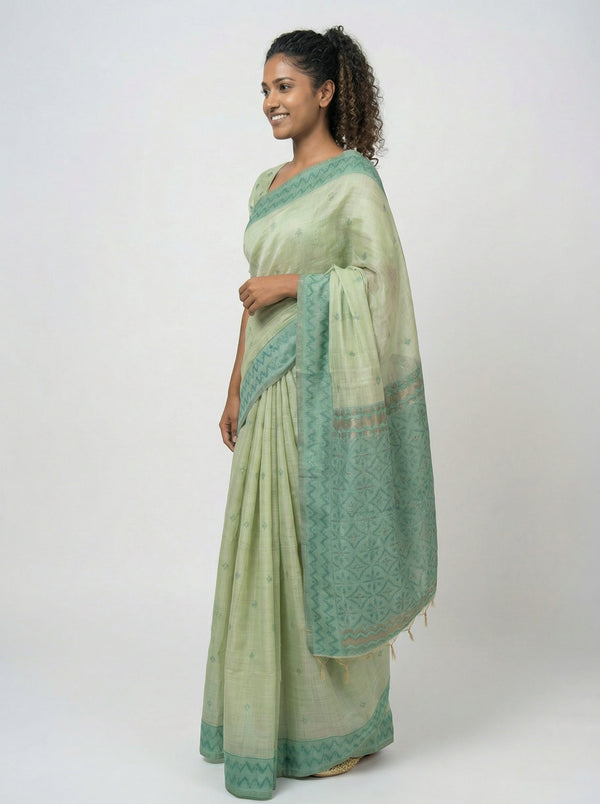 Chanderi Premium Sage Green  Saree with Detailed Butta Blouse