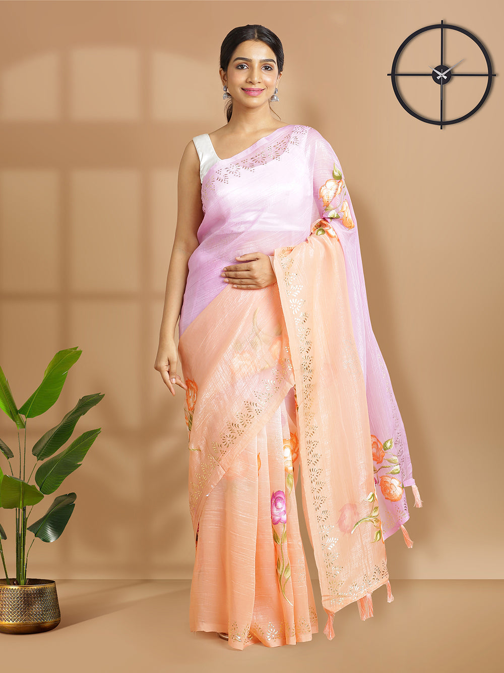 Peach And Pink Double Shade Fliral Painted Tissue Georgette Saree