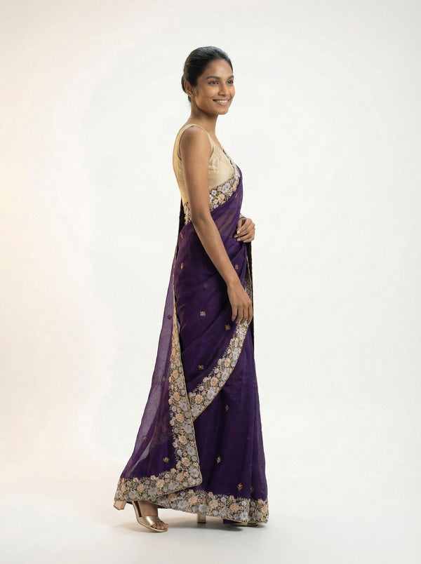 Organza Royal Purple Floral Embroidered Designer Saree