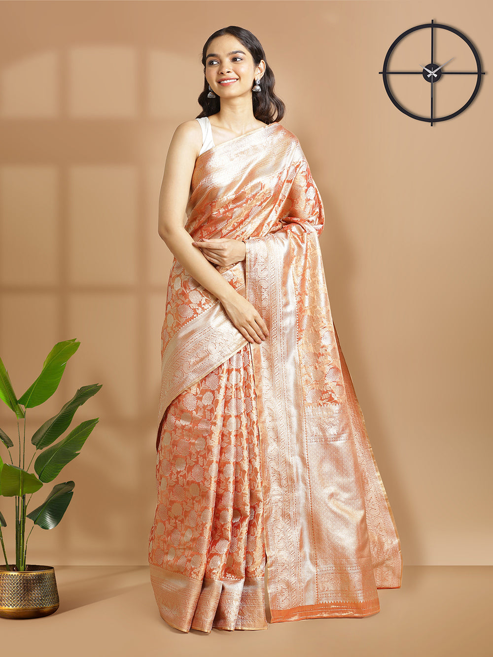 Metalic Rust Color With Golden Tissue Saree With Floral Design And Same Zari Border