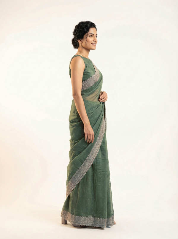 Shimmer Organza Sage Green Designer Saree with Micro Dot Work and Heavy Border