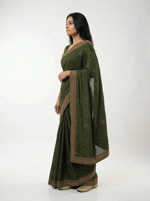 Vijithra Silk Green Circle Pattern Stone Work Designer Saree