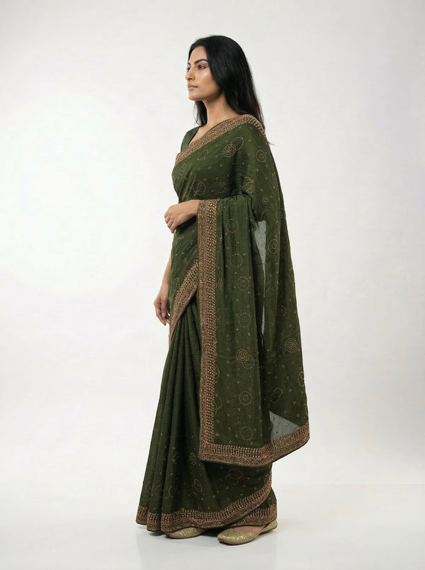 Vijithra Silk Green Circle Pattern Stone Work Designer Saree