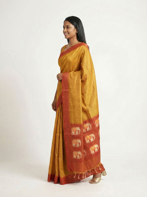 Semi Jute Mustard Elephant Motif Saree