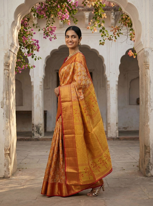 Kanjivaram Mustard Yellow and Maroon Broacade Saree with Geometric Diamond Jaal and Zari Border