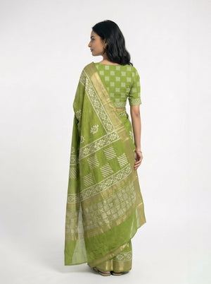 Chanderi Cotton Green Block Printed Saree