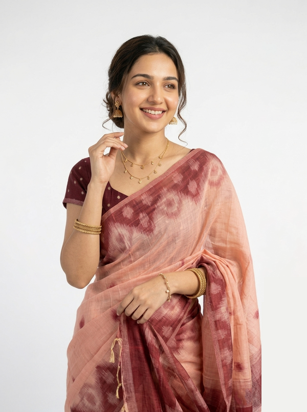 Semi Linen Peach Pink Tie-Dye Saree