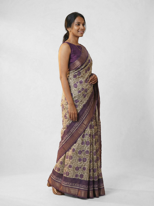 Chanderi Cotton Beige And Purple Floral Printed Saree