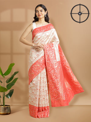 Off White With Golden Tissue Saree With Floral Design And Peach Red Border