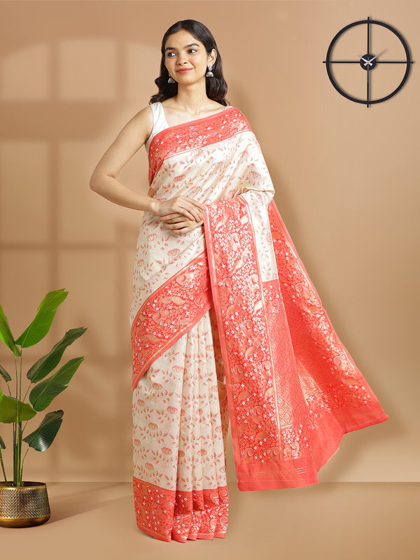 Off White With Golden Tissue Saree With Floral Design And Peach Red Border