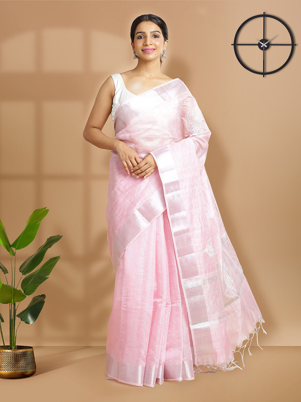 Rose Color Semi Chanderi Tissue Cotton Saree With White Pearl Design Over Body