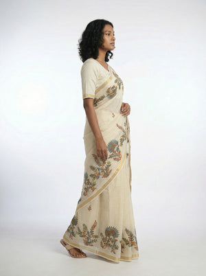 Cotton Cream Saree with Multicolor Floral Vine Print