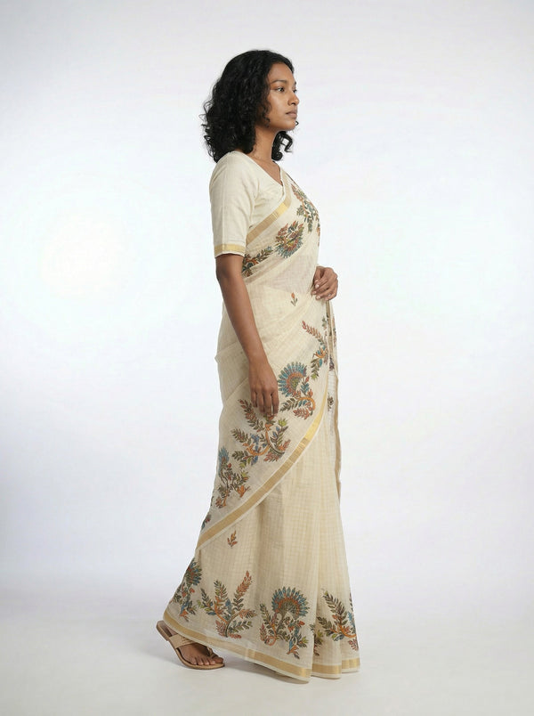 Cotton Cream Saree with Multicolor Floral Vine Print