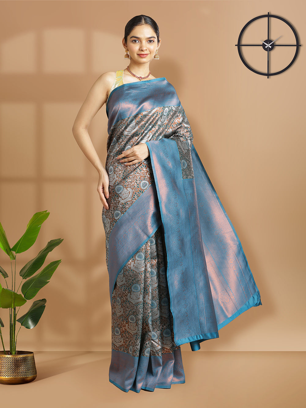 Bottle Green With Copper Tissue Saree With Floral Design And Peacock Blue Border