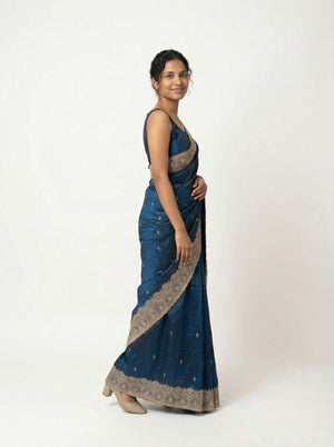 Vijithra Silk Navy Blue Zari Embroidered Designer Saree