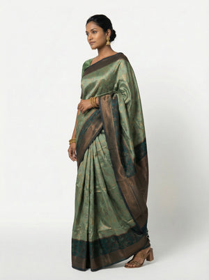 Semi Silk Saree with Floral Border and Bottle Green Golden Butta Blouse Piece