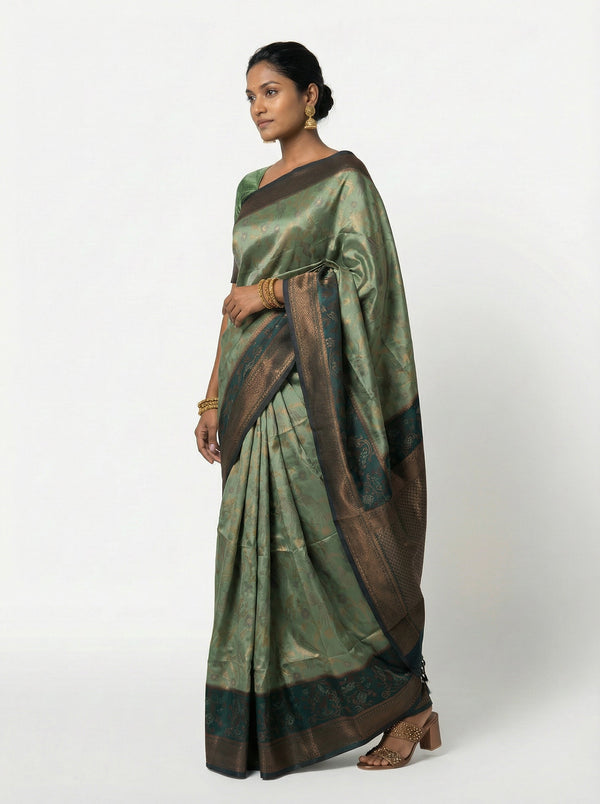 Semi Silk Saree with Floral Border and Bottle Green Golden Butta Blouse Piece