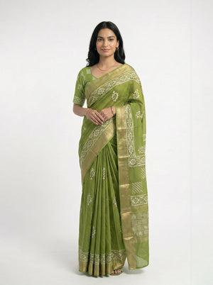 Chanderi Cotton Green Block Printed Saree