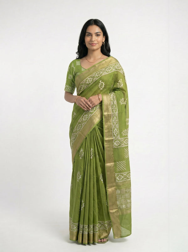 Chanderi Cotton Green Block Printed Saree
