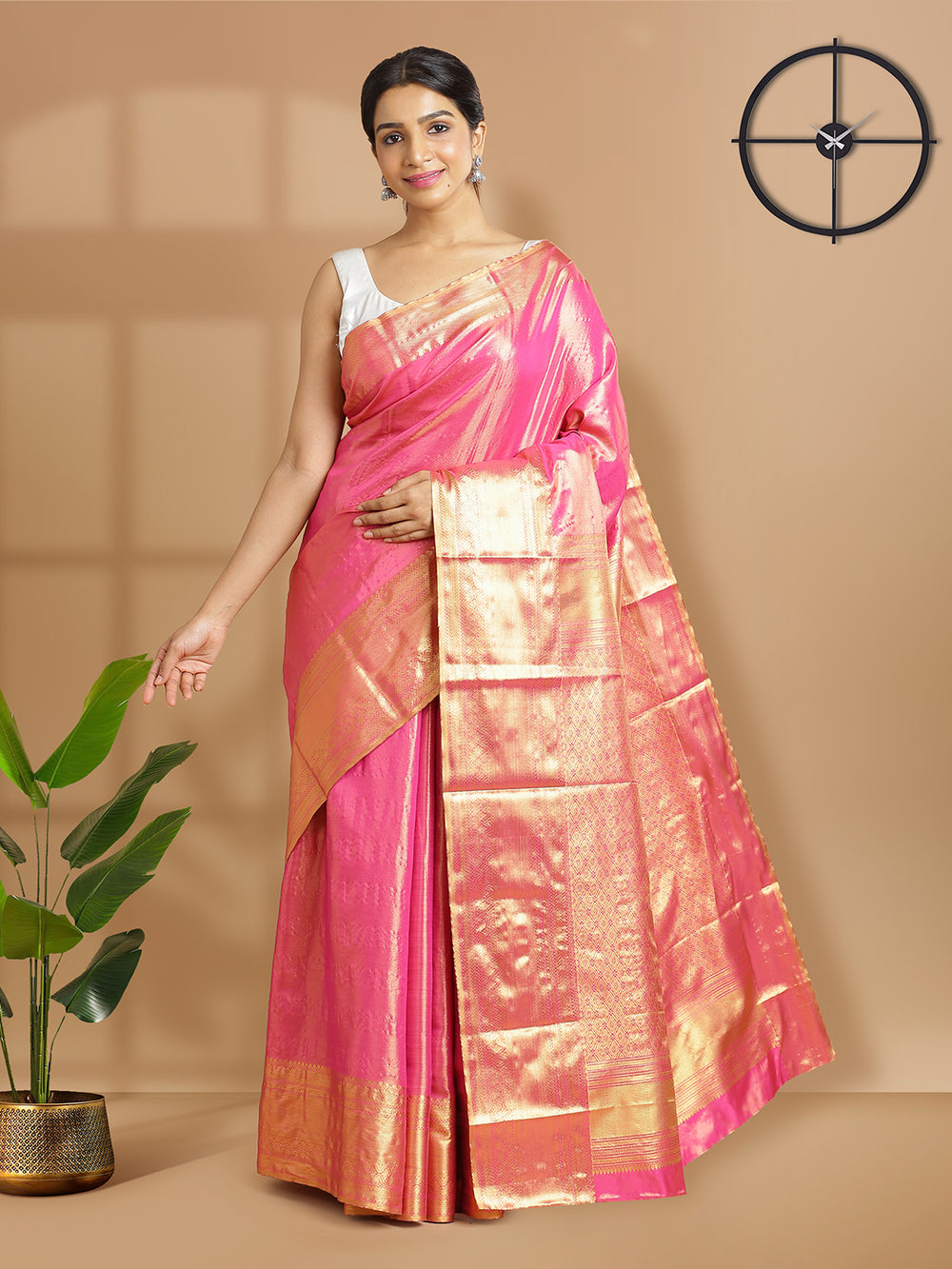 Pink Color Tissue Saree With Golden Zig Zag Self Desgn Over Body Same Zari Border