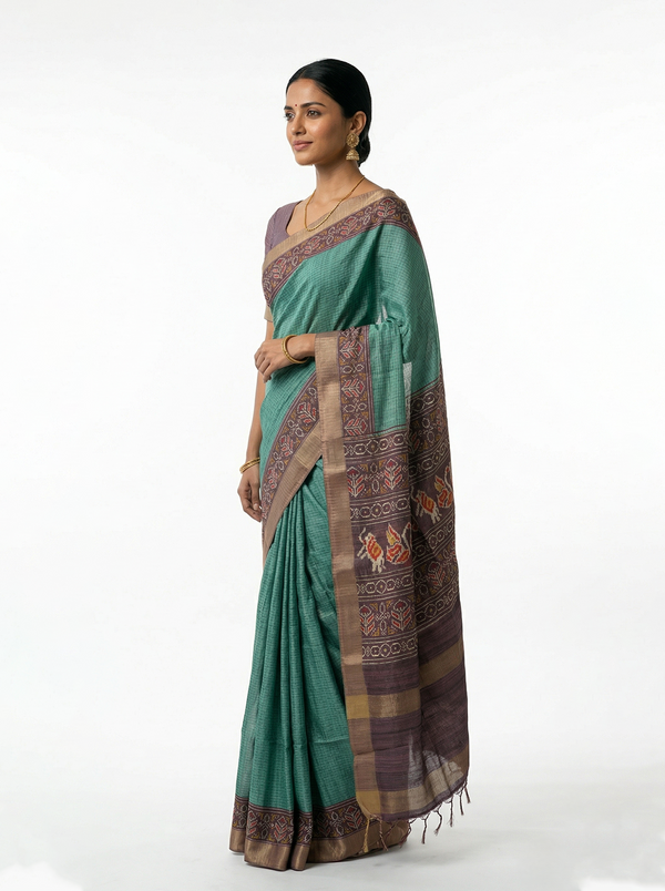Semi Jute Sea Green Small Check Saree with Contrast Border