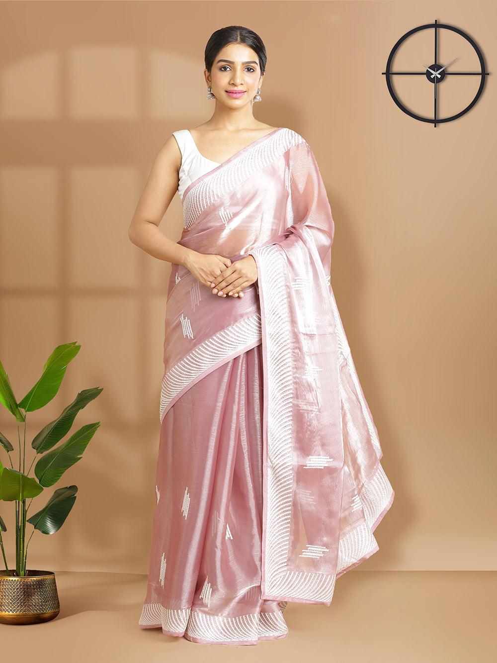 Onion Pink Georgette Organza Saree With Thread And Stone Work Over Body