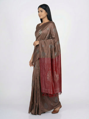 Semi Silk Ivory Brown Saree with Alternative Square and Floral Butta Design & Maroon Blouse