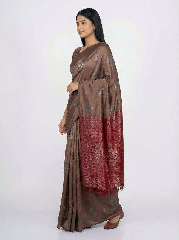 Semi Silk Ivory Brown Saree with Alternative Square and Floral Butta Design & Maroon Blouse
