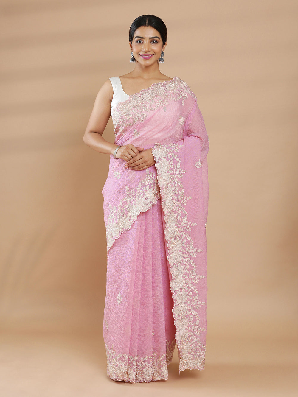 Flamingo Pink Color Crushed Organza Saree With Cream Thread work Design on Body
