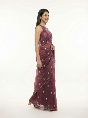 Organza Purple Floral Butti Designer Saree with Scalloped  Border
