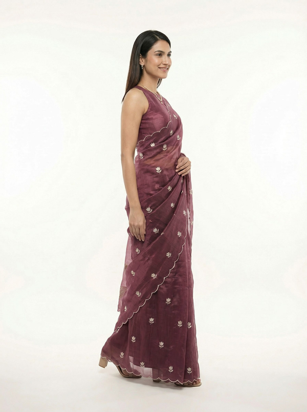 Organza Purple Floral Butti Designer Saree with Scalloped  Border