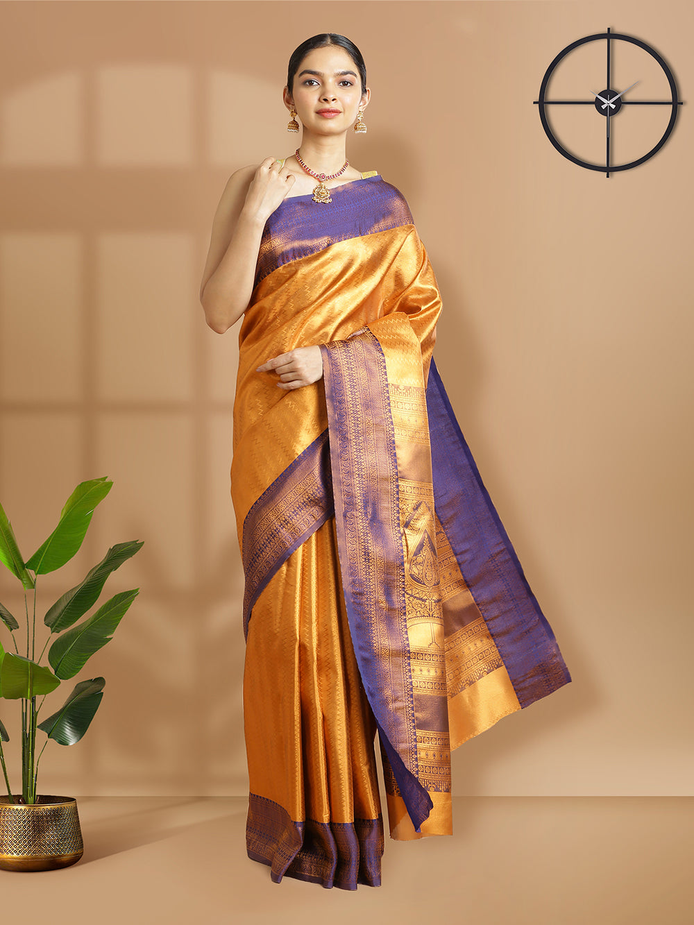 Copper Color Tissue Saree With Self ZigZag Design Over Body And Navy Blue Border