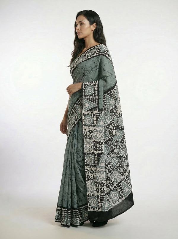 Cotton Sage Green Saree with Artistic Batik Design and Contrast Border