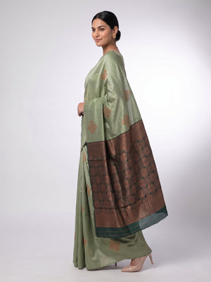 Art Silk Sage Green Zari Woven Saree with Floral Butta