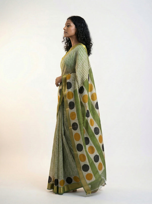 Cotton Green Stripe Pattern Saree with Contrast Polka Dot Pallu