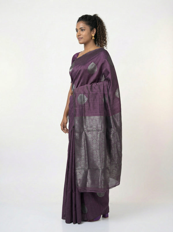 Semi Silk Classic Pinot Noir Saree with Detailed Paisley Design