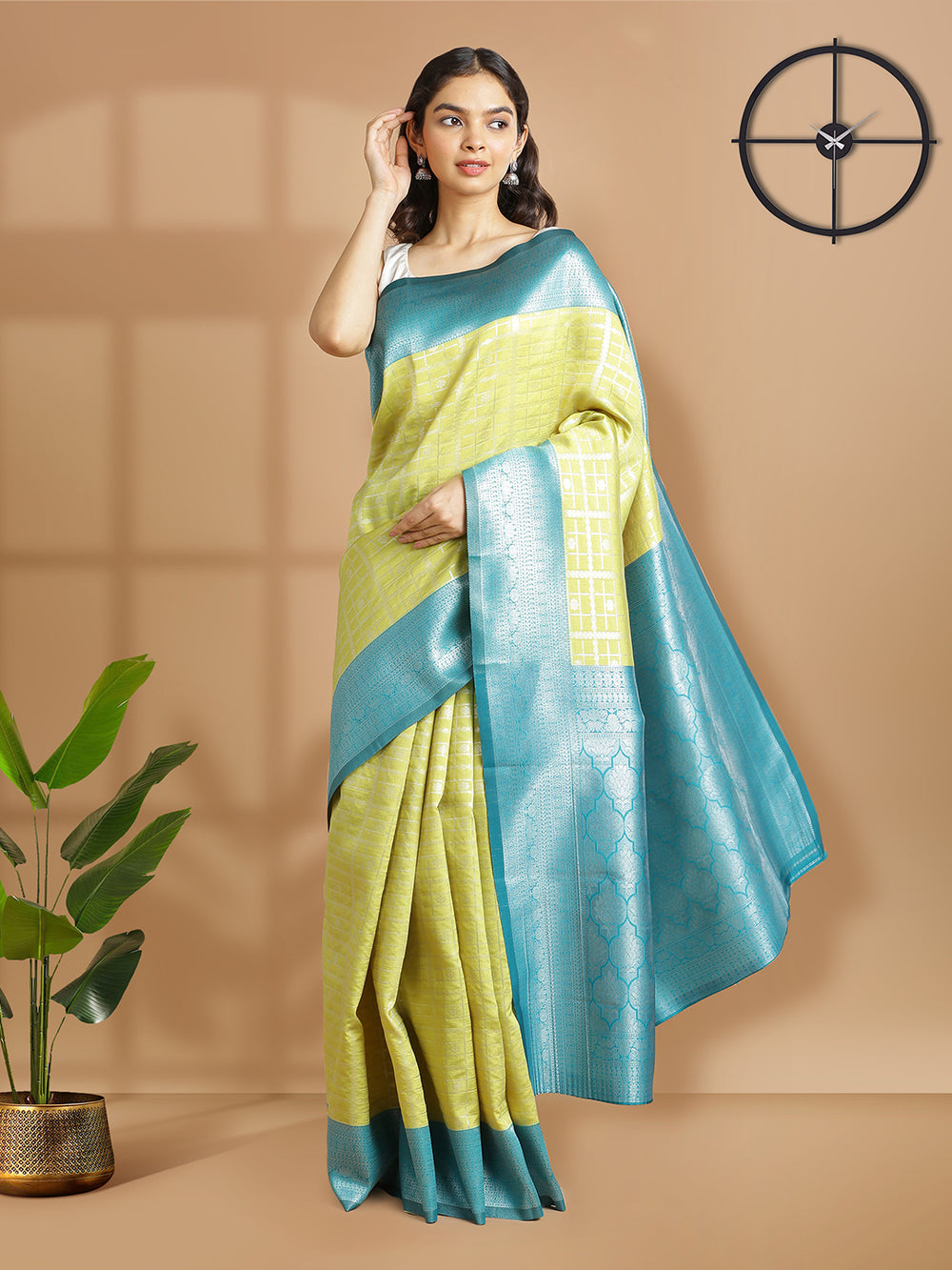 Lemon Yellow Silver Check Designed Art Silk Saree With Teal Green Border