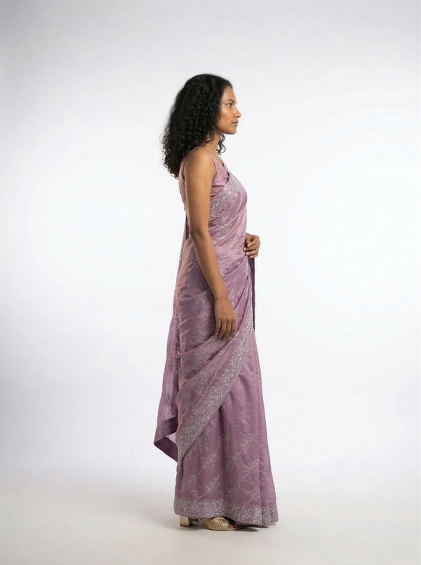 Vijithra Silk Dusty Rose Pink Leaf Pattern Stone Work Designer Saree