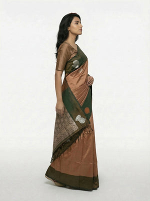 Art Silk Brown Butta Printed Saree with Contrast Border