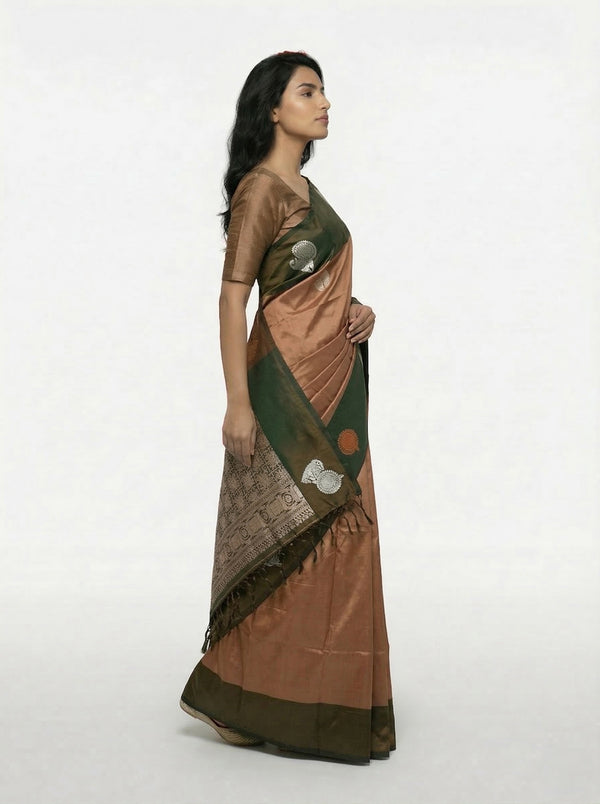 Art Silk Brown Butta Printed Saree with Contrast Border