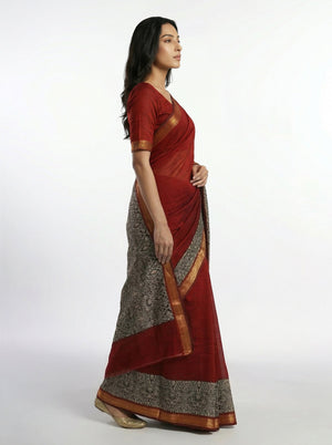 Cotton Red Saree with Traditional Black Printed Border Design