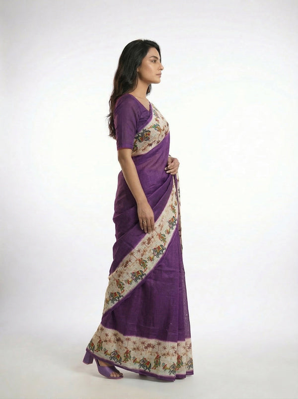 Cotton Silk Purple Ethnic Saree with Cultural Motif Border Design