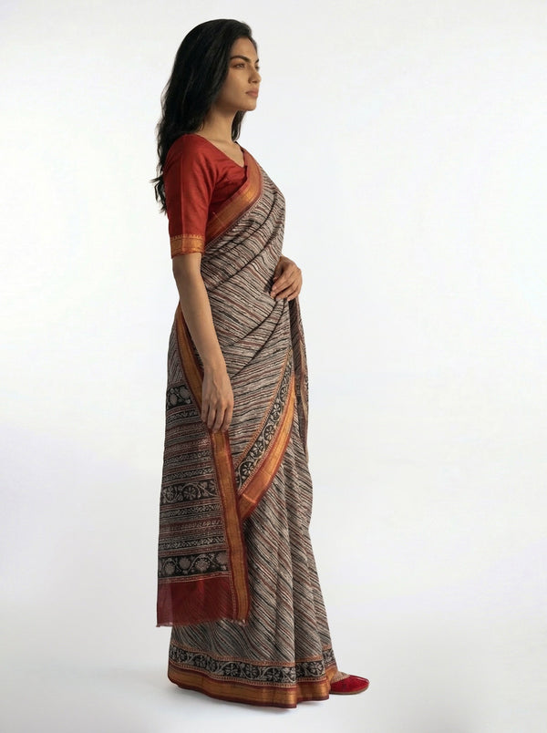 Cotton Beige Printed Saree with Fine Stripe Pattern and Contrast Border