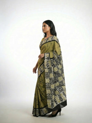 Cotton Saree in Olive Green with Abstract Print and Contrast Border