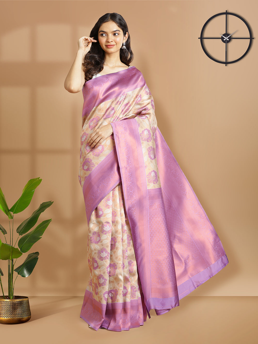 Beige With Copper Color Tissue Saree With Floral Design And Lavender Border