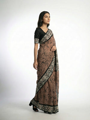 Cotton Coffee Brown Saree with Artistic Batik Design and Printed Pallu