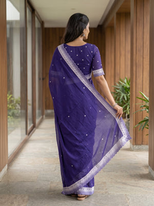 Chanderi Cotton Purple Sequin Dot Floral Lace Border Saree