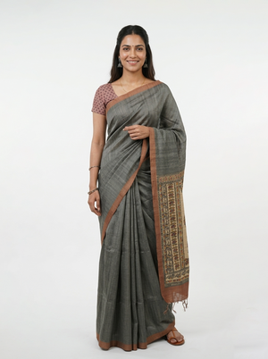 Chanderi  Grey Traditional Border Stripe Saree